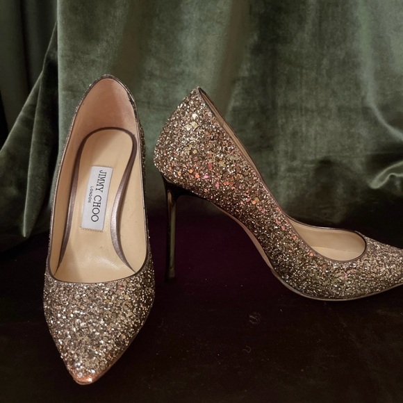Jimmy Choo-Champagne Coarse Glitter Fabric Pointy Toe Pumps “Romy 85” - Picture 5 of 5